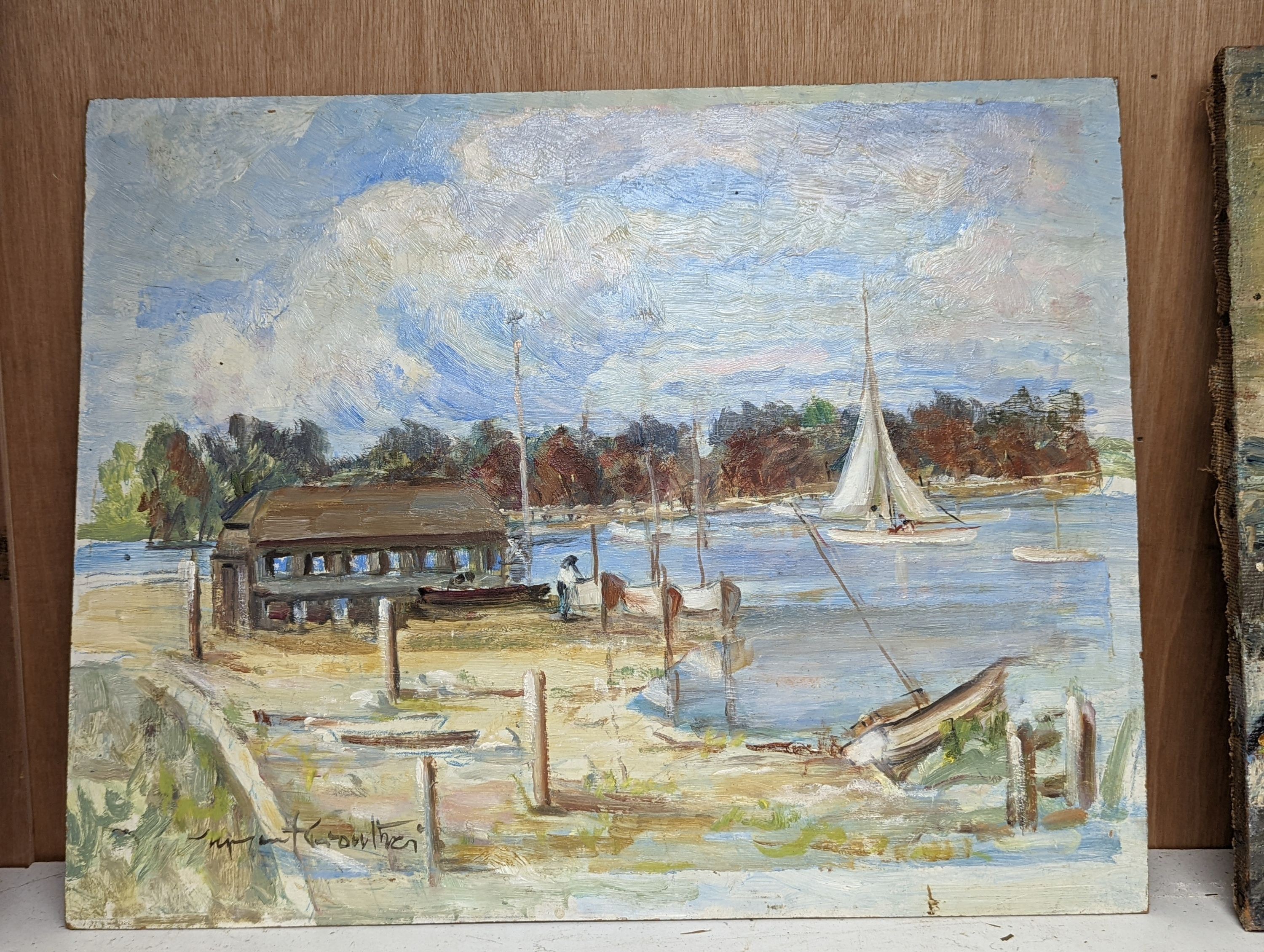 Stephen Crowther (1922-), oil on board, Yachts in harbour, signed, 40 x 51cm, unframed
